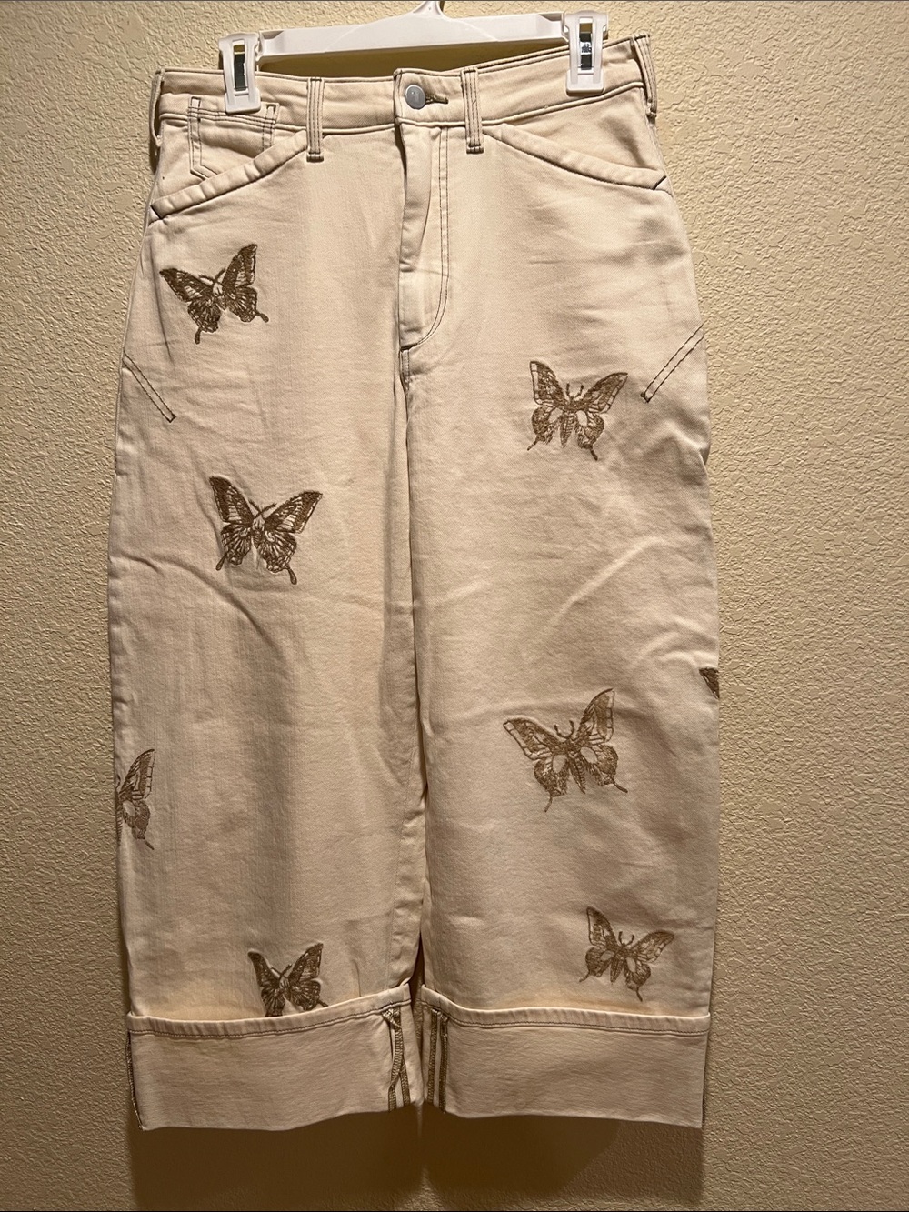 Pilcro Butterfly Embroidered Cream Wide-Leg Jeans